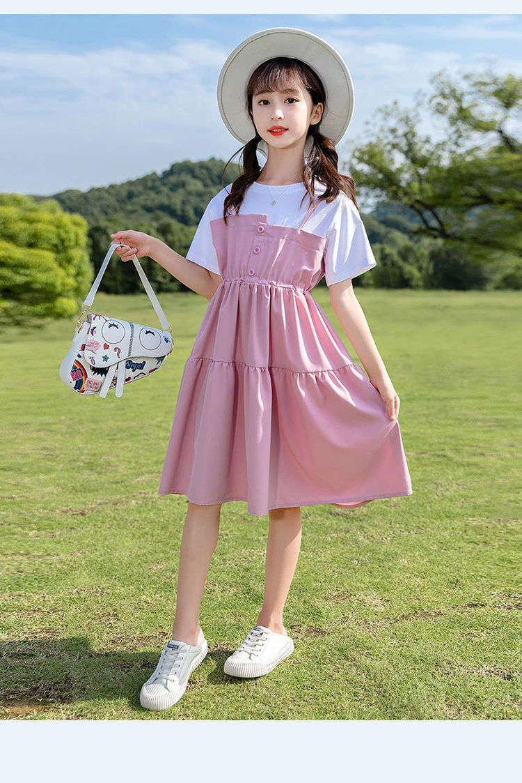 艾诺轮女童连衣裙子夏装4-12岁女孩中小学生裙子夏款裙薄款学生假两件