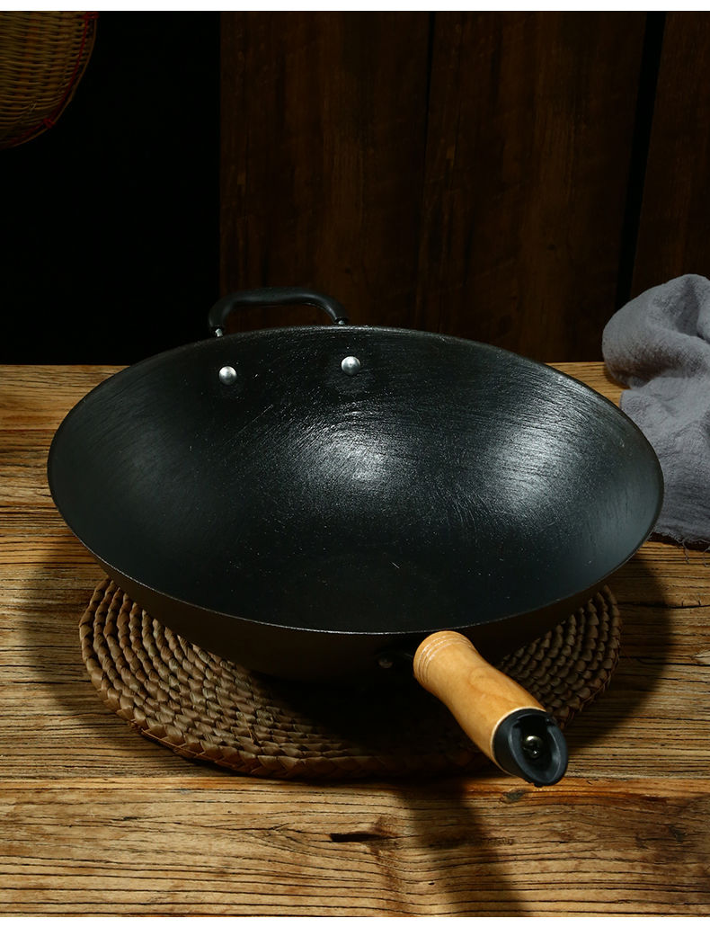 老式生铁锅圆底炒锅不粘锅无涂层传统平底电磁炉煤气灶炒菜大锅具34cm