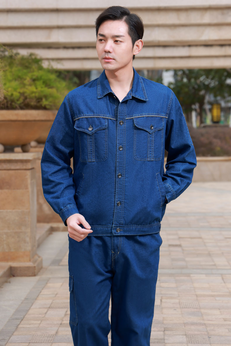 夏季薄款纯棉牛仔工作服男套装焊工电焊电工劳保服工地耐磨夏装 长 黄