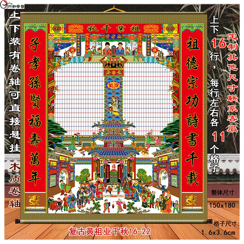 家谱图丝绢布祖宗人物版家堂轴子祖茔老祖宗牌位15代以上族谱蓝1520花