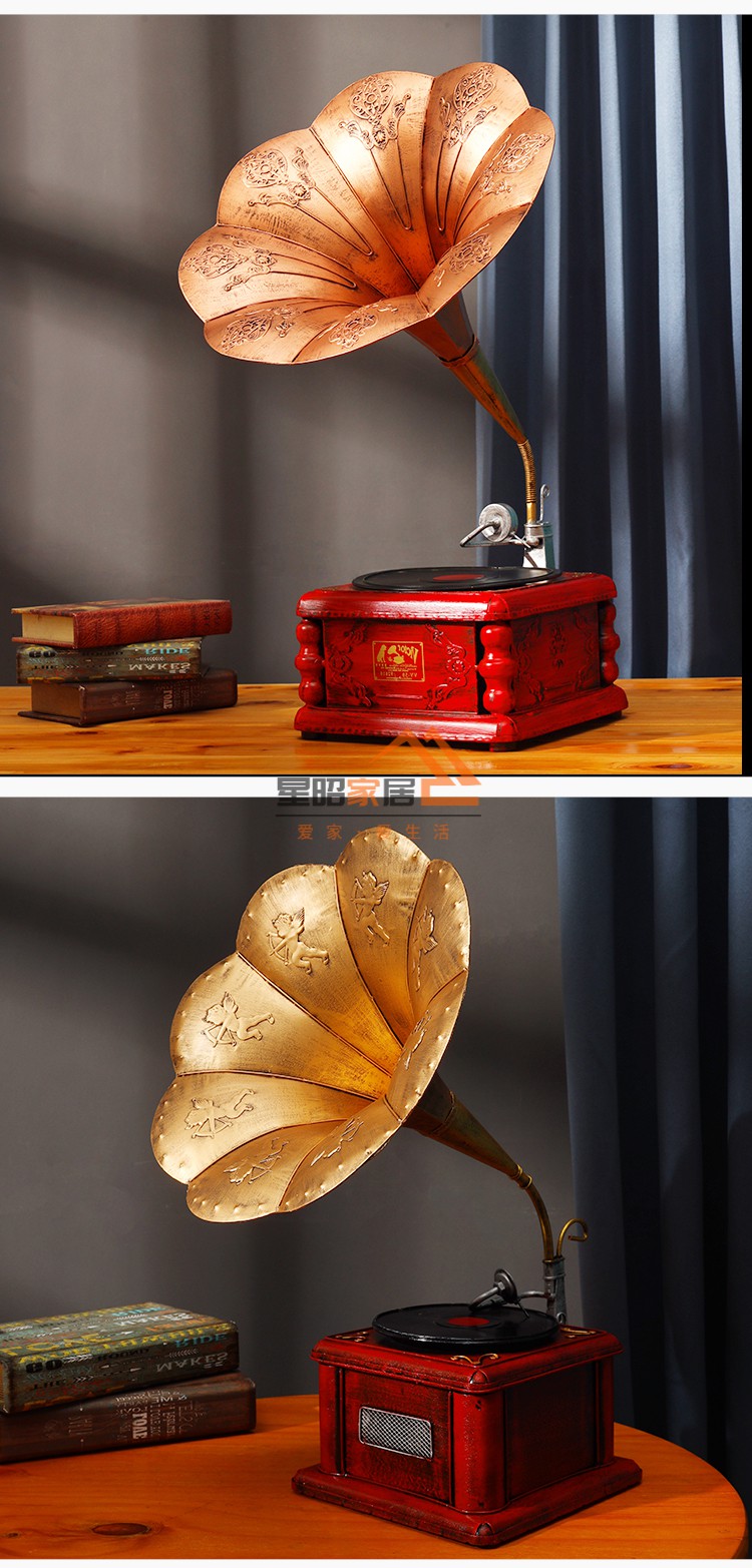 怀旧复古摆件复古留声机摆件欧式民国装饰品物件客厅酒柜道具美式唱片