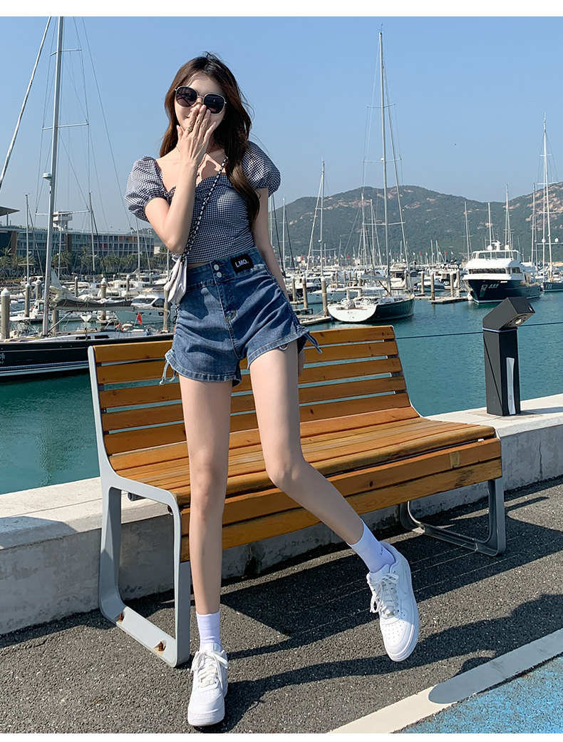 茵汇高腰牛仔短裤女夏2022新款薄款显瘦辣妹阔腿网红a字超短热裤蓝色