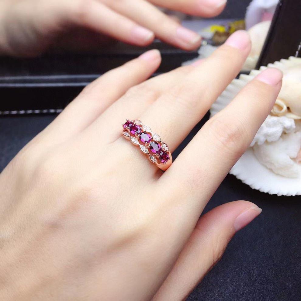 炫熙天然紫牙乌石榴石戒指女排戒晶体干净颜色好s925银镀金镶嵌