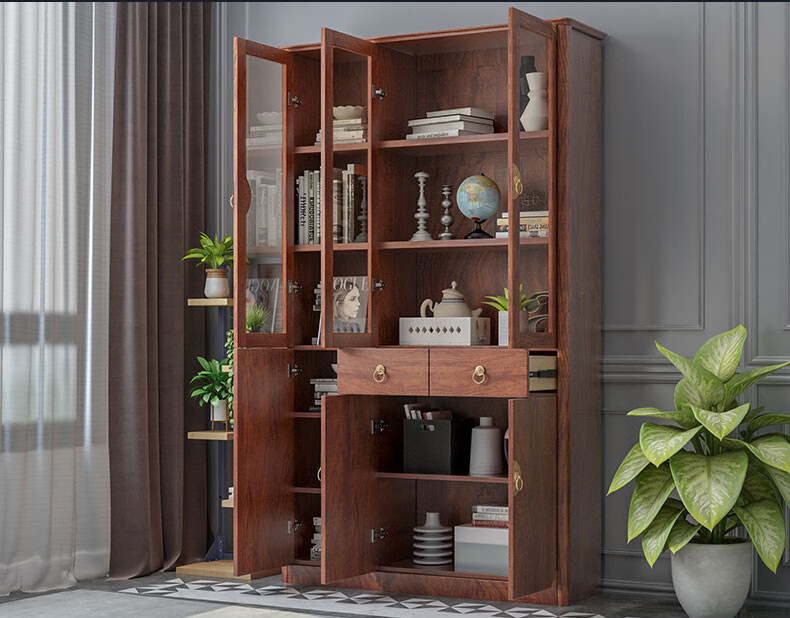 新中式书柜实木框玻璃门储物柜客厅靠墙办公室书架收纳柜 l519(长130