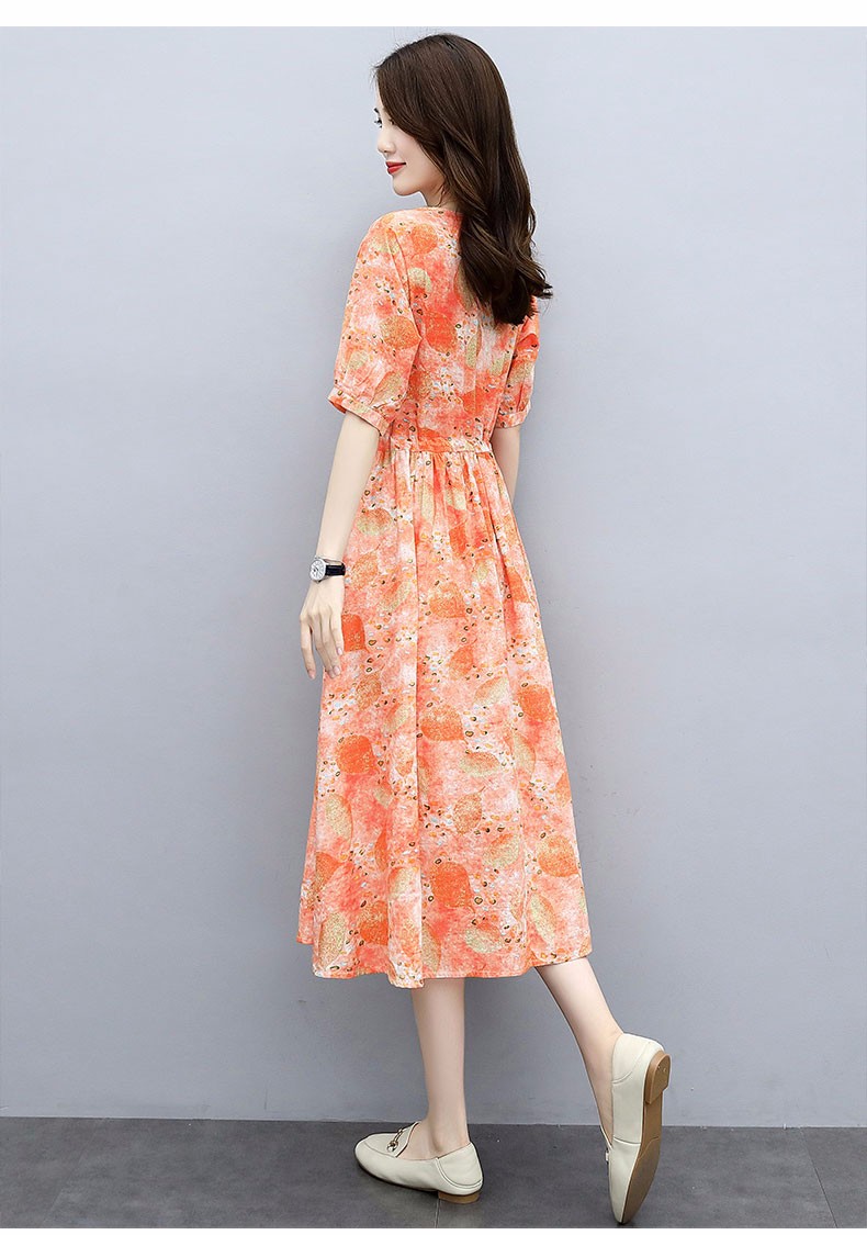 2021夏装女时尚小碎花拼接休闲连衣裙收腰中长款短袖裙子5858蓝色m