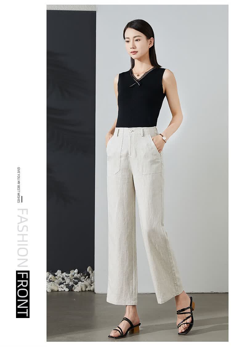 梦舒雅亚麻阔腿裤女棉麻女裤2022新款夏季薄款休闲裤高腰宽松九分直筒
