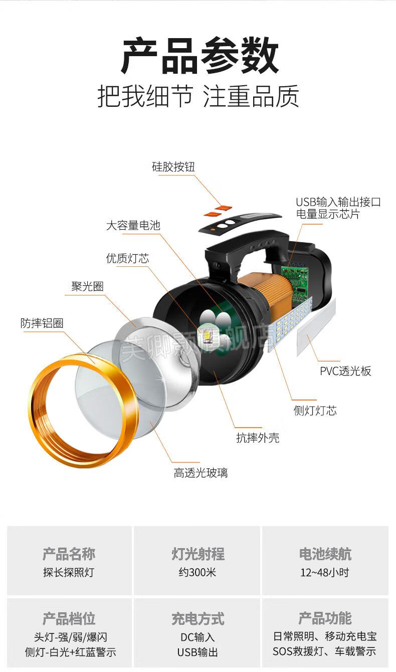 沃尔森手电筒强光光手电筒可充电户外超亮远射家用氙气手提耐用巡逻