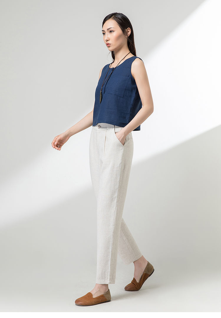 ouhen品牌女装棉麻九分哈伦裤女2022夏季新款亚麻女裤小脚裤子薄款