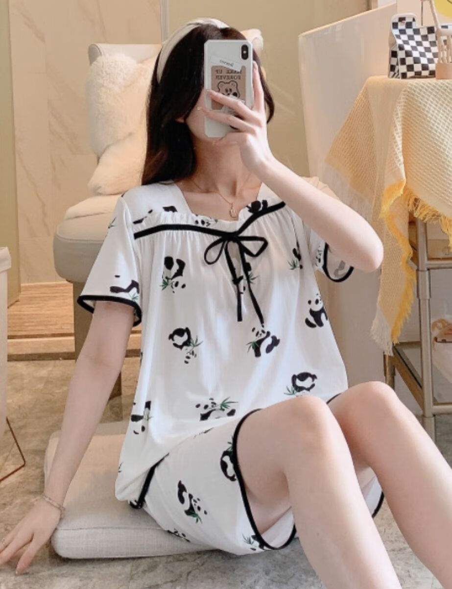方领睡衣女夏天短袖套装双短蝴蝶结简约睡衣女宽松小香风家居服短袖小