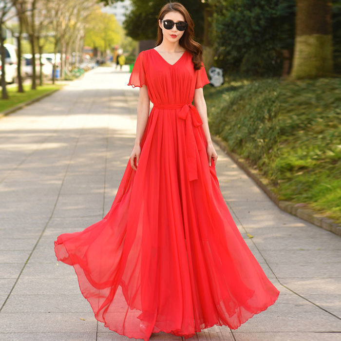 雪纺超长款大摆连衣裙气质仙女裙长裙夏裙子女超仙沙滩度假裙红色短袖