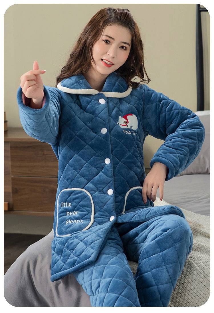 加绒三层夹棉睡衣女冬棉衣少女女式冬天家居服女士休闲可外穿套装居家