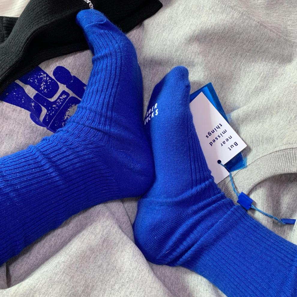 高帮袜运动中筒袜子男蓝色双针薄款一双装3644均码收藏加购优先发货