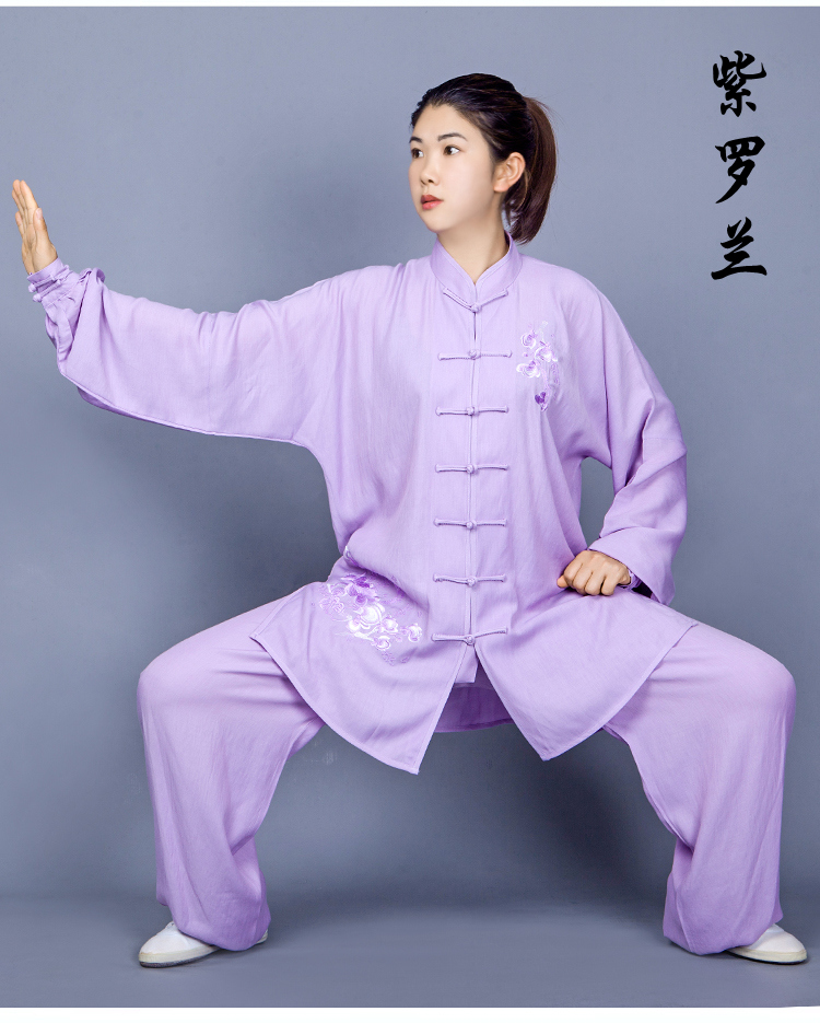 服女夏季飘逸棉麻亚麻新款绣花太极拳服装武术练功服长袖薄款天蓝色m