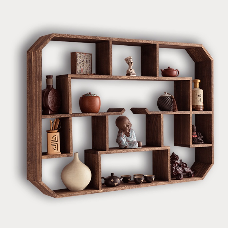 架实中式壁挂式茶架子置物架墙上简约现代客厅博物架碳化色881268定制