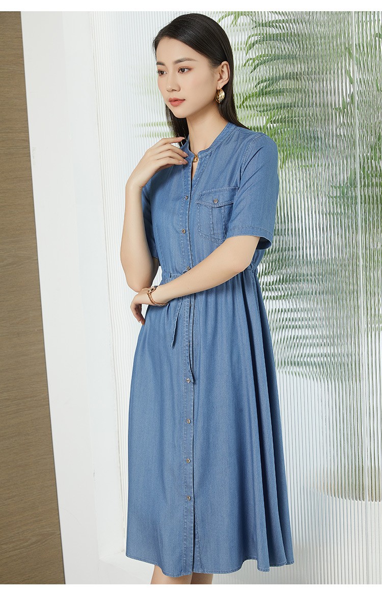 梦舒雅天丝牛仔连衣裙女2022夏季新品气质抽绳收腰显瘦圆领连垂感衬衫