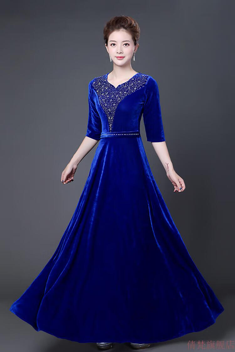 中老年演出服独唱大合唱女长裙连衣裙金丝绒指挥礼服表演服装女成人歌