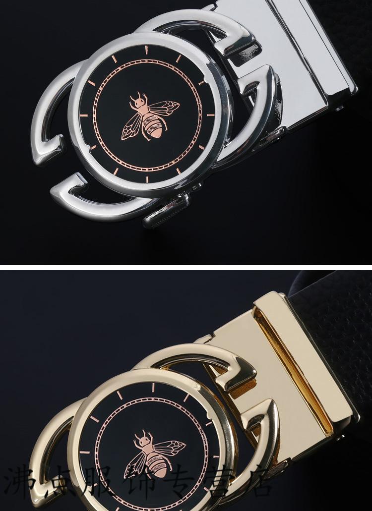 青年男士合金自动扣头二层牛皮腰带时尚潮流小蜜蜂头皮带金色120cm