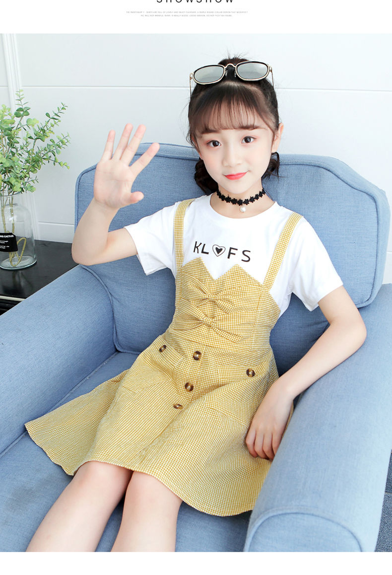 女童连衣裙夏季中大童新款假两件长裙背带公主裙小女孩裙子韩 假两件