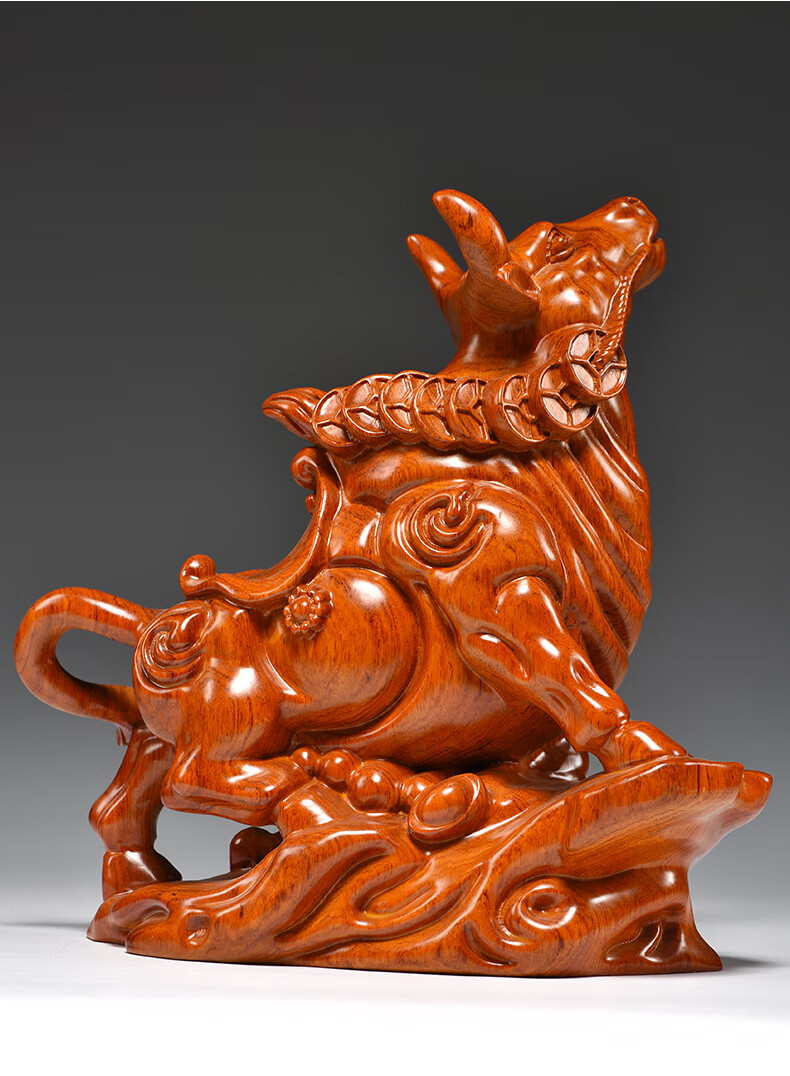 花梨实木雕刻牛气冲天摆件根雕十二生肖牛红木家居中式装饰礼品花梨