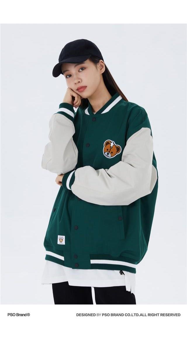 psobrand唐九洲同款小熊棒球服夹克男2021新款薄款情侣外套绿色s