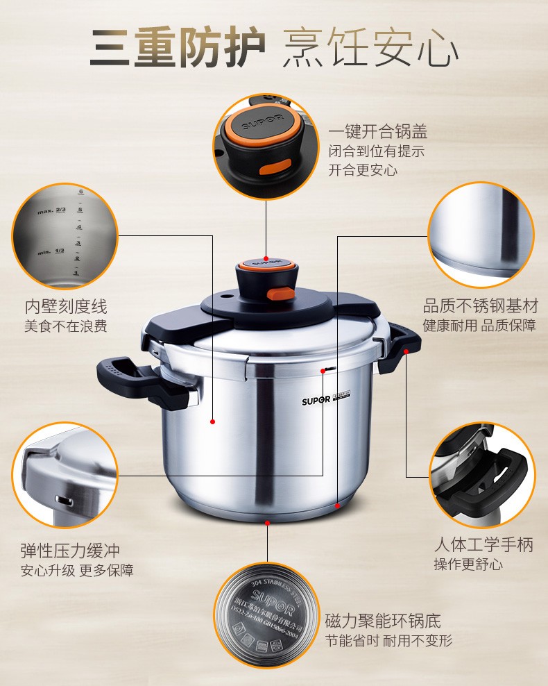 京闪配送苏泊尔supor304不锈钢高压锅压力锅加厚安全保险防爆复底加厚