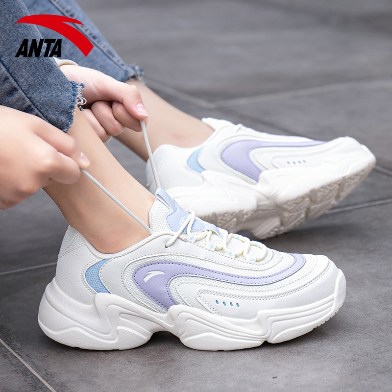 安踏女鞋老爹鞋女2022新款春夏季网鞋休闲鞋子官方旗舰运动鞋象牙白