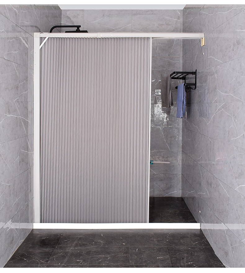 卫生间门帘帘子免打孔淋浴帘纯色浴室推拉隔断帘隐形浴帘防水帘浅灰色