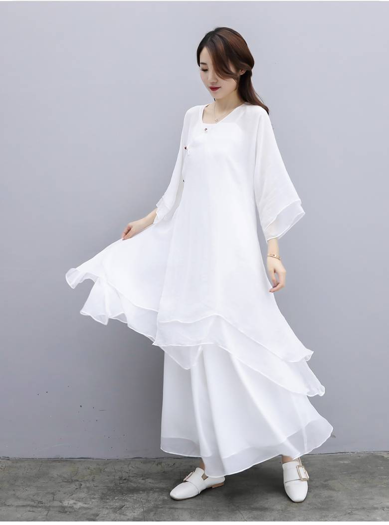 禅服佛系女加肥禅舞服装女套装中国风禅意仙女飘逸白色连衣裙茶服大码