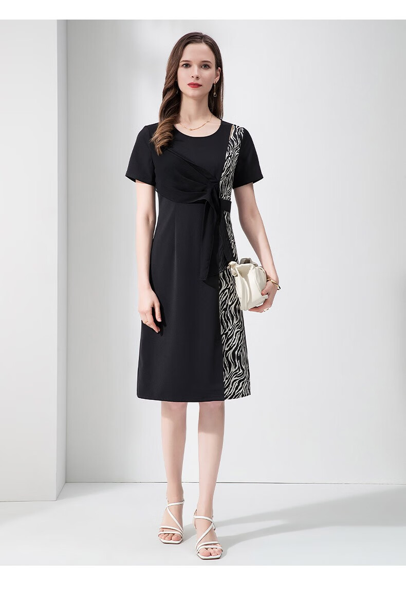 恒源祥连衣裙女中长款2021夏装新款收腰系带显瘦黑色裙子气质女裙pwq