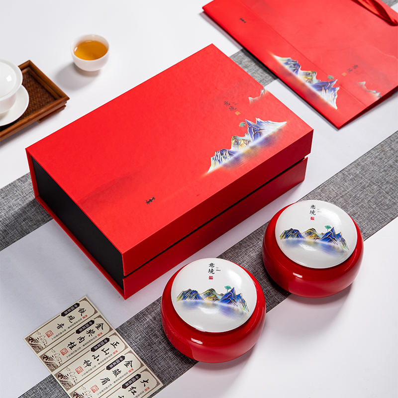 空盒茶叶罐陶瓷密封罐绿茶礼盒套装精品盒子空盒包装一斤logo意境红色