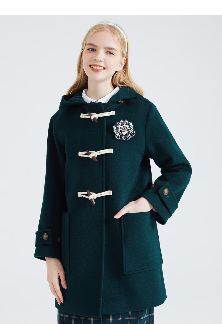 eland衣恋官方集团依恋春季学院风牛角扣连帽简约休闲舒适大衣外套女 