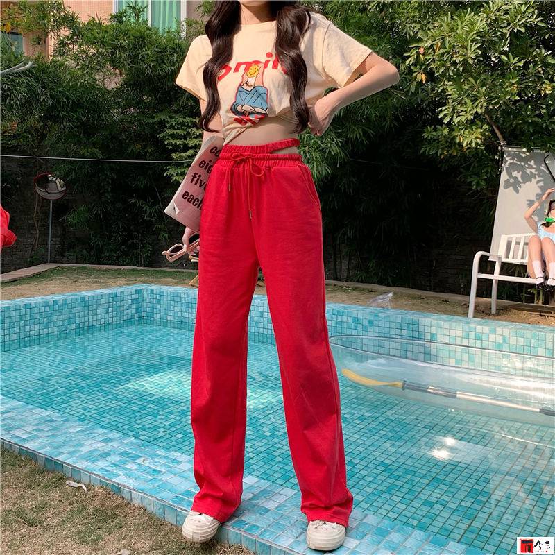 百含玉韩版时尚圣母卡通短袖t恤松紧腰红色直筒裤夏季新款字母印花t恤