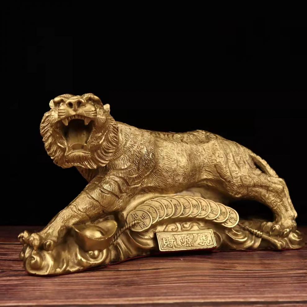 纯铜金钱上山虎年福虎抽象现代下山虎生肖虎办公室客厅电视柜摆件