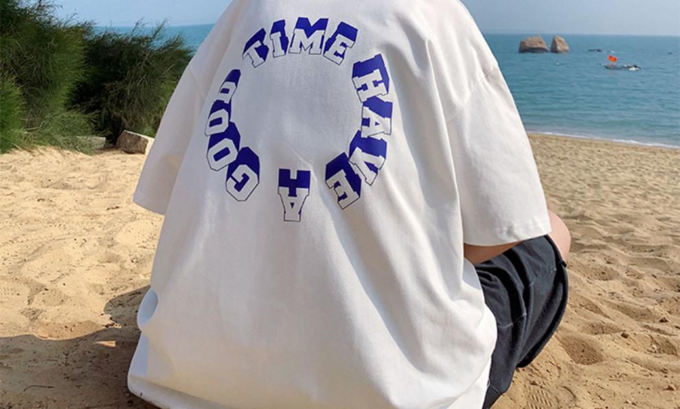 oemg后背印花t恤宽松男生短袖上衣嘻哈潮牌五分袖圆领体恤青少年学生