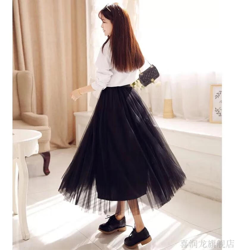 冬季长裙下半身网沙网纱裙子半身裙仙女秋高腰蓬蓬裙a字中黑色纱仙网