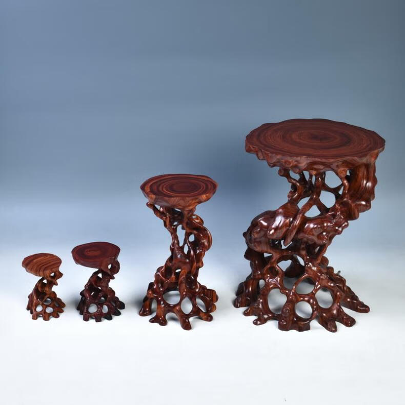 红檀根雕随形盆景底座 奇石玉石底座圆形实木 花盆底座 红檀 台面大