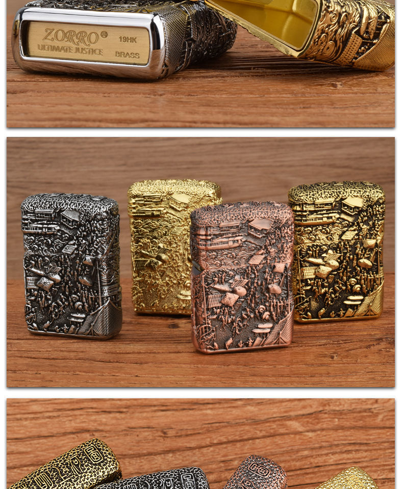 打火机match清明上河图黄铜个性加厚盔甲仿古做旧立体浮雕煤油打火机