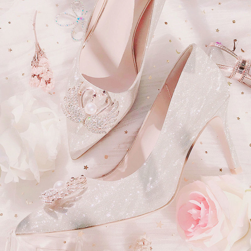 婚鞋水晶高跟鞋高跟鞋女尖头新款细跟婚纱鞋水晶天鹅婚鞋新娘鞋伴娘鞋
