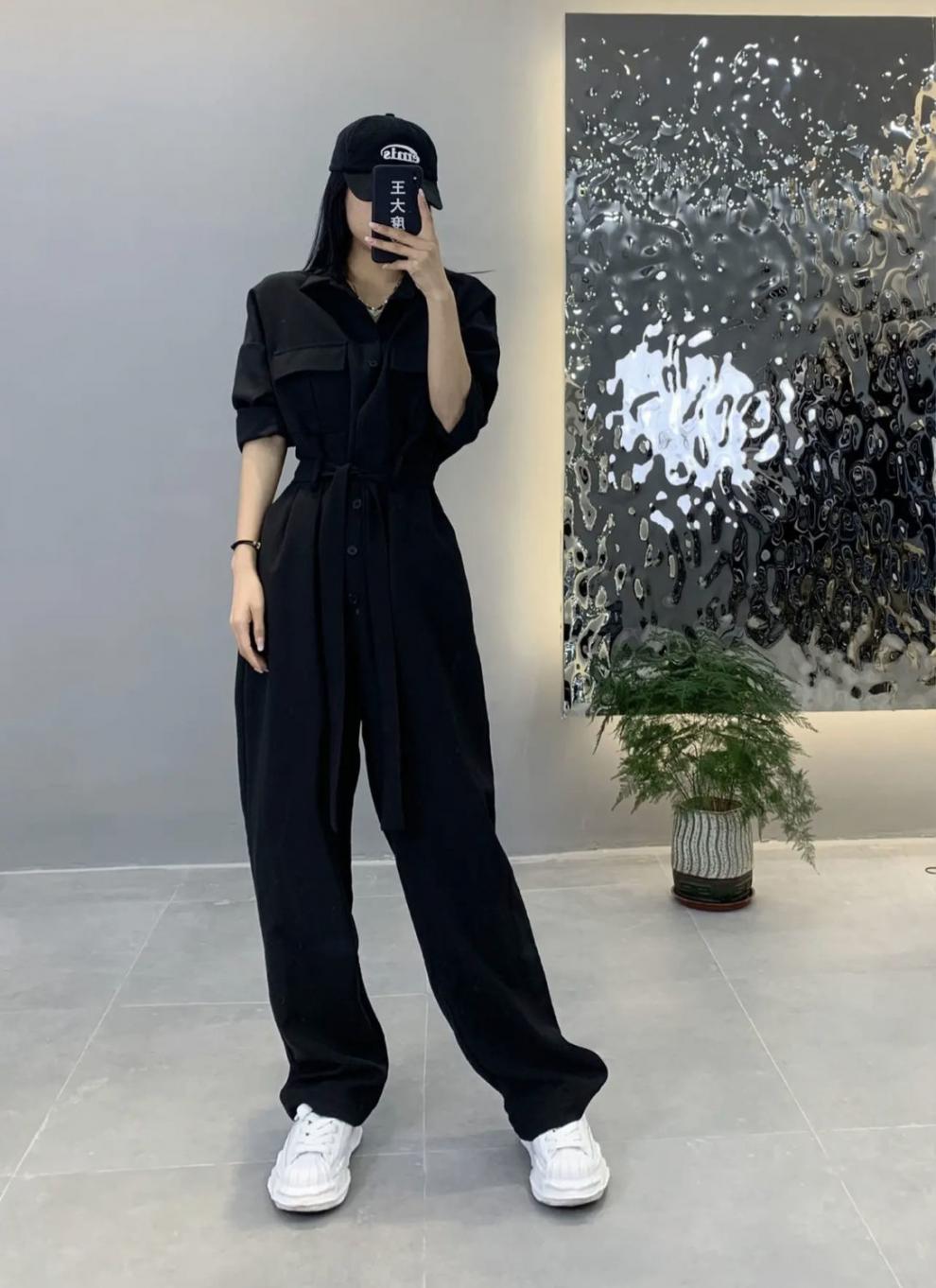 牛仔连体裤套装女可可辰希连体裤复古港味工装牛仔连体裤设计感网红