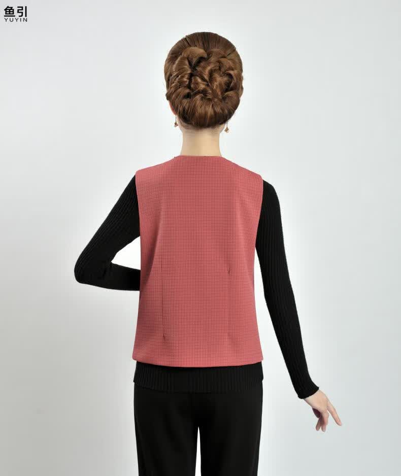 鱼引春秋装马甲薄款外套加大女装马夹上衣奶奶宽松坎肩背心粉红色常规
