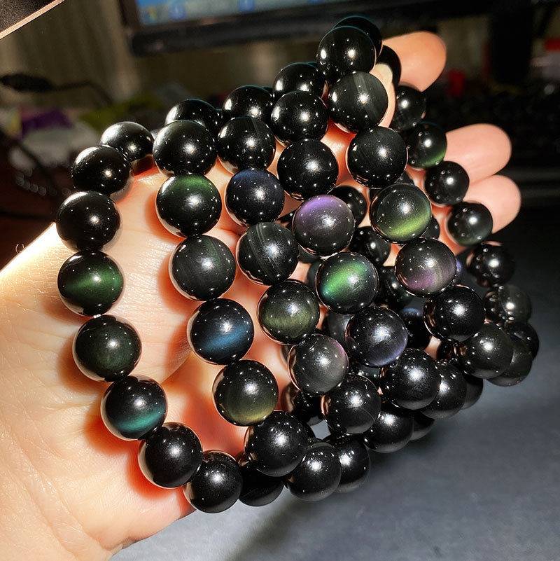 双彩虹眼黑曜石手链正眼男士女转运水晶单圈手串双彩眼黑曜石手链珠径