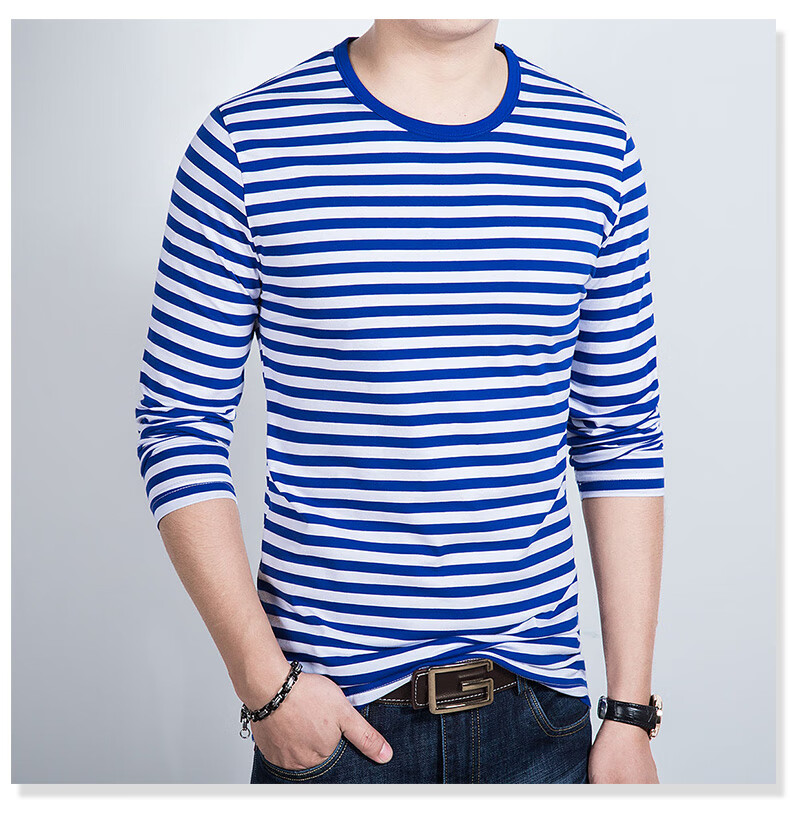 依炫玺轻奢高档品牌圆领海纹海魂衫男士纯棉蓝白条纹t恤海军风大码男