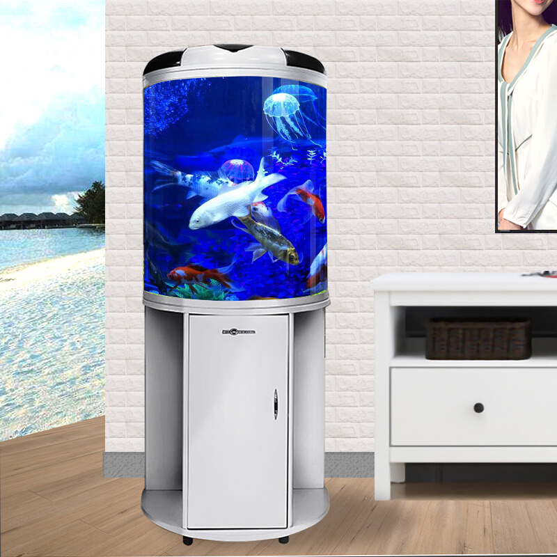 京选推荐半圆形玻璃鱼缸水族箱客厅家用小型圆柱电视柜桌面生态免换水