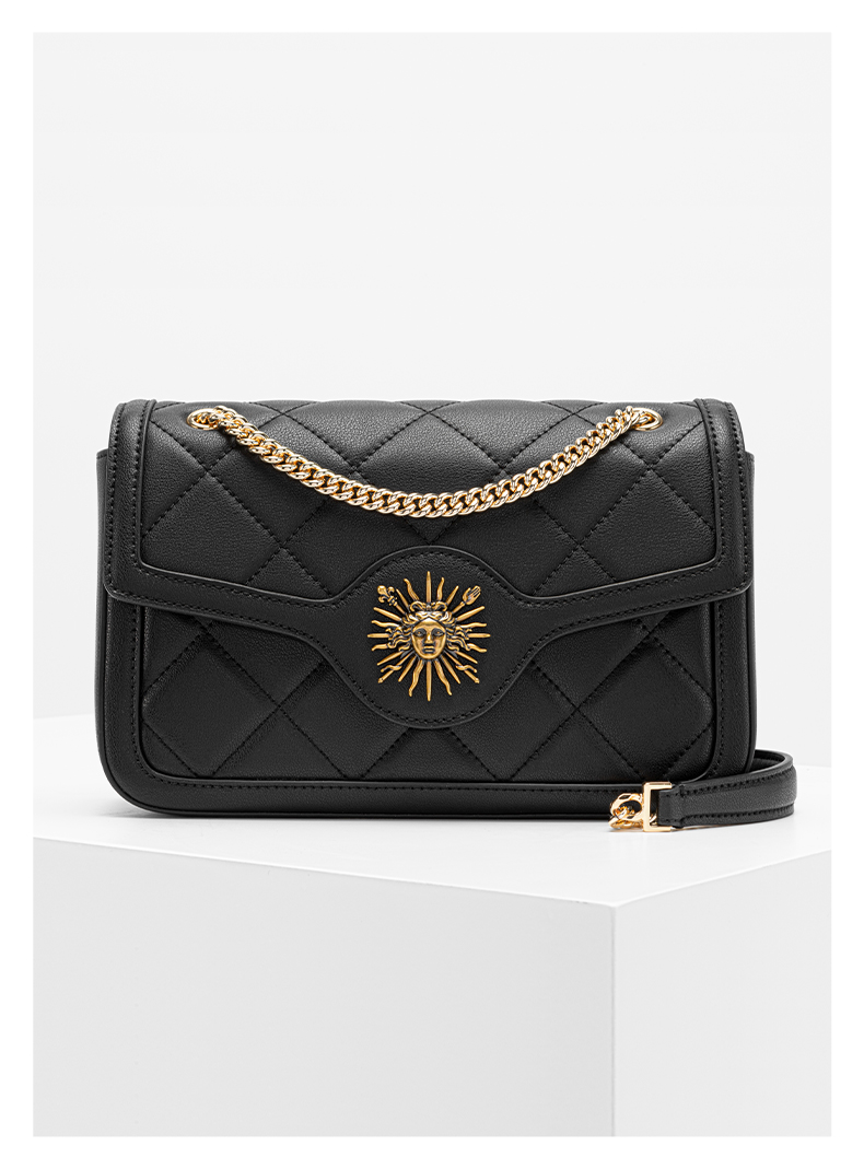 vh女士单肩包vh包包女新款菱格包潮时尚链条单肩包个性斜挎包 黑色