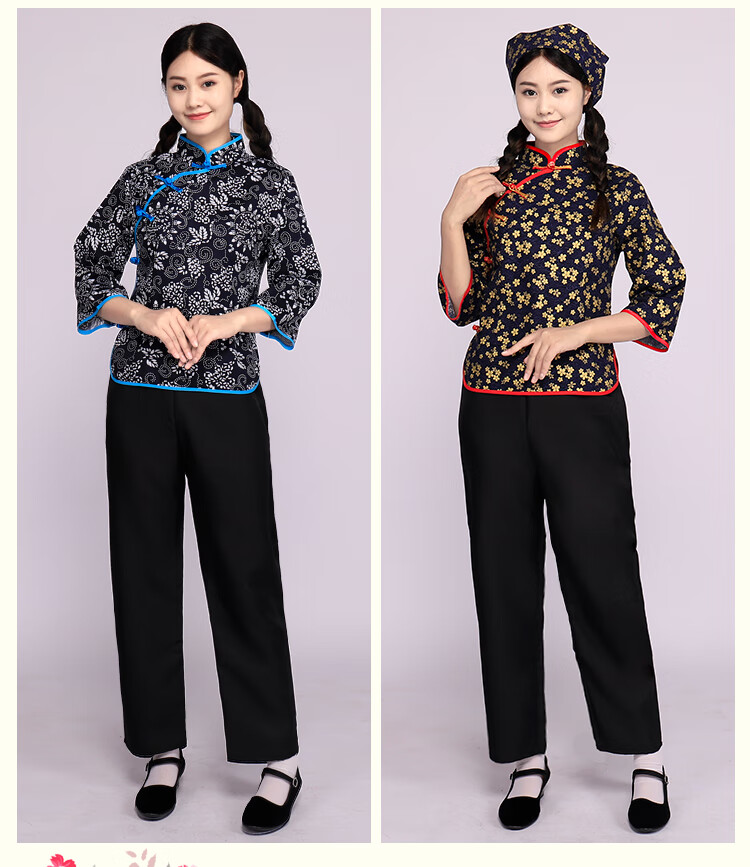 妩纪村姑碎花直播衣服女采茶戏套装农民舞蹈阿庆嫂表演出服装2022白底