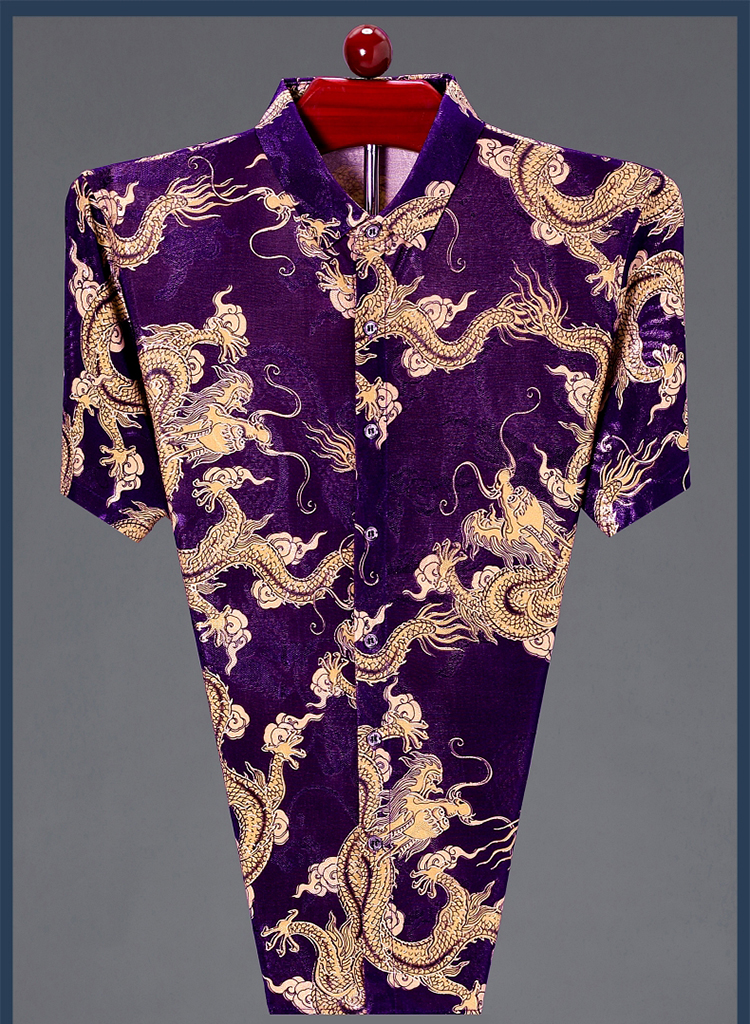 皮尔卡丹高档男士短袖衬衫龙纹中老年衬衣桑蚕丝中国龙免烫休闲宽松