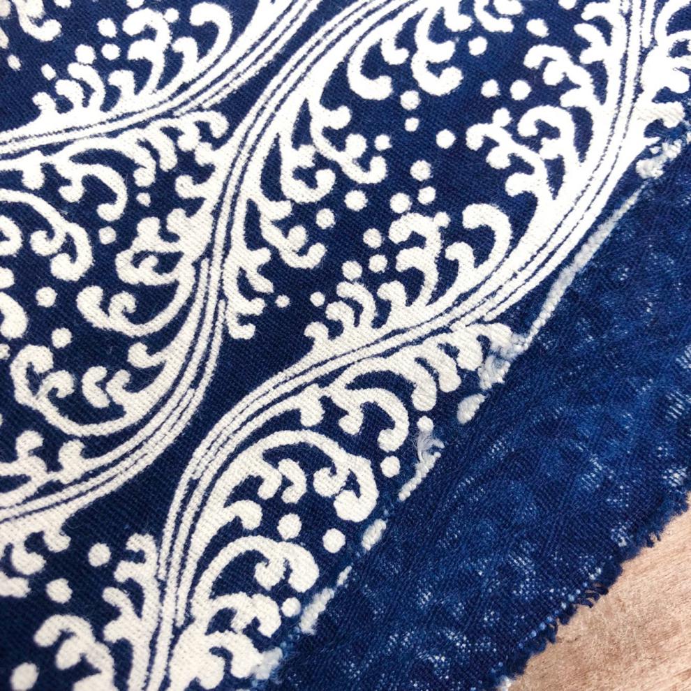 靛蓝染布料 日本蓝染古布花型植物靛蓝印花布拔染型染蜡染手工服装