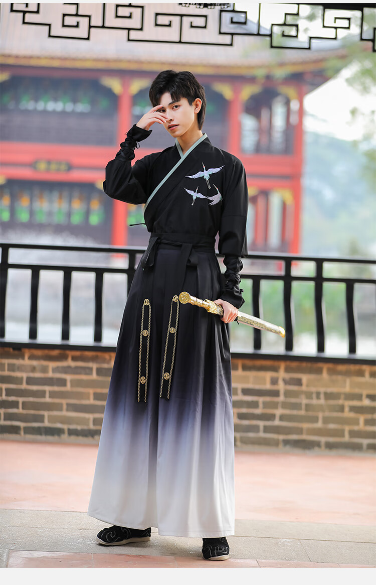 裳厢记汉服男锦衣卫 中国风古装大码交领长袖二件套汉服男生黑色书生
