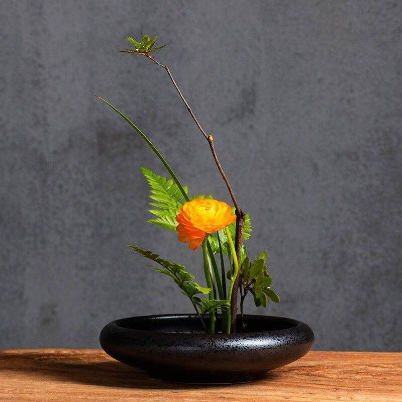 剑山中式插花器皿陶瓷插花圆盘日式小原流花器禅意盆景花盆花盘直径46