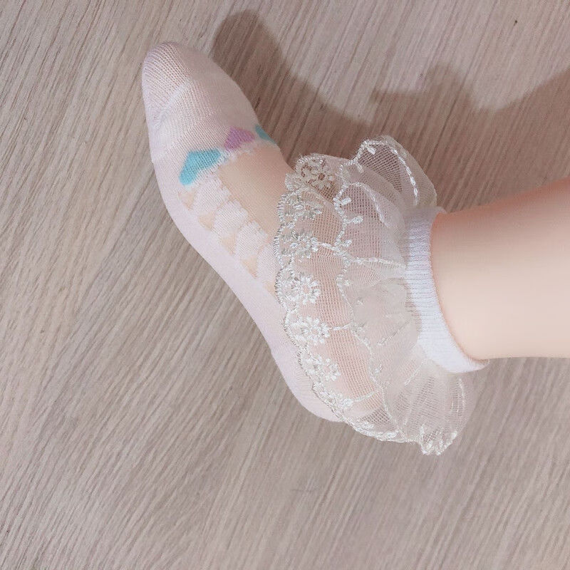 6双纯棉脚底板玻璃丝袜水晶双层花边全棉儿童装袜子小宝宝夏季薄 1白1